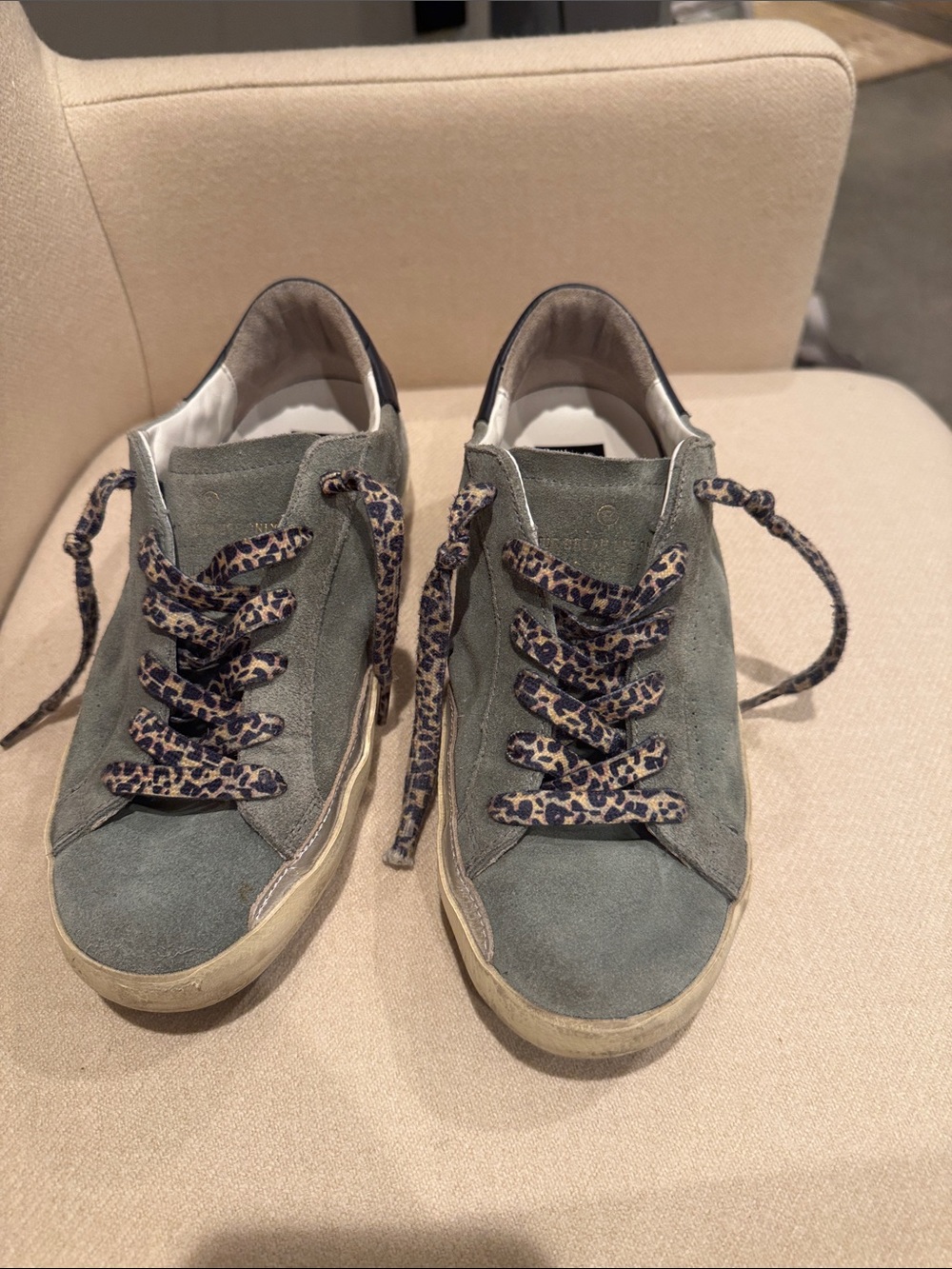 Golden Goose Olive Green Suede Sneakers with Leopard Laces